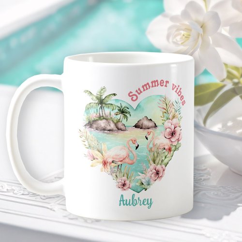 Flamingo Summer Heart Tropical Personalized Name  Coffee Mug