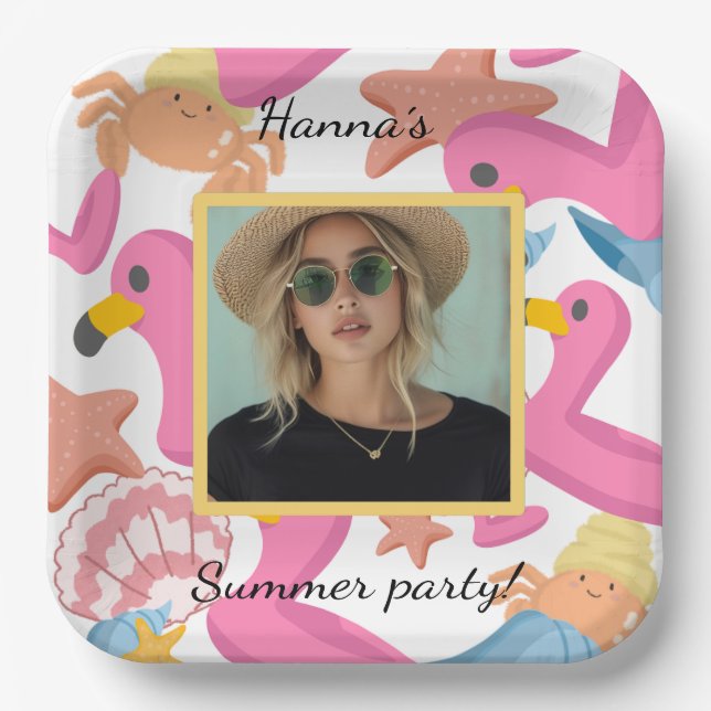 Flamingo summer party photo paper plates (Front)