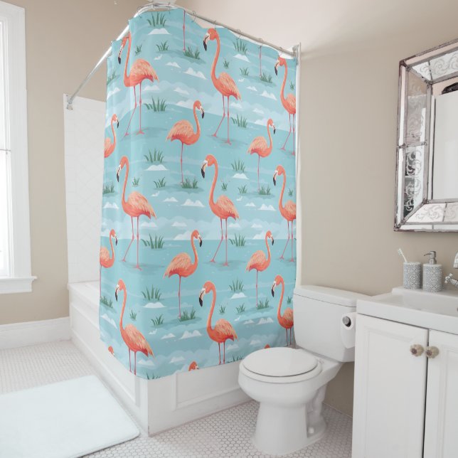 Flamingo Summer Pattern Shower Curtain (In Situ)