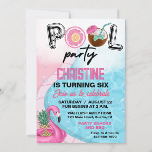 Flamingo Summer Pool Birthday Party Invitation