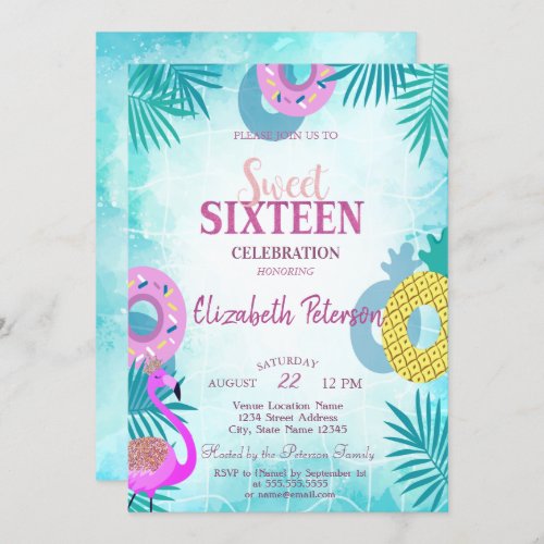 Flamingo Summer Pool  Sweet 16 Party Invitation