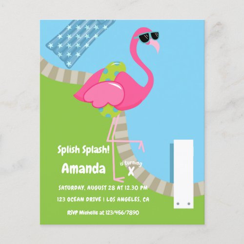  Flamingo Summer Splish Splash Kids Birthday Party Flyer