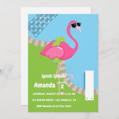  Flamingo Summer Splish Splash Kids Birthday Party Invitation