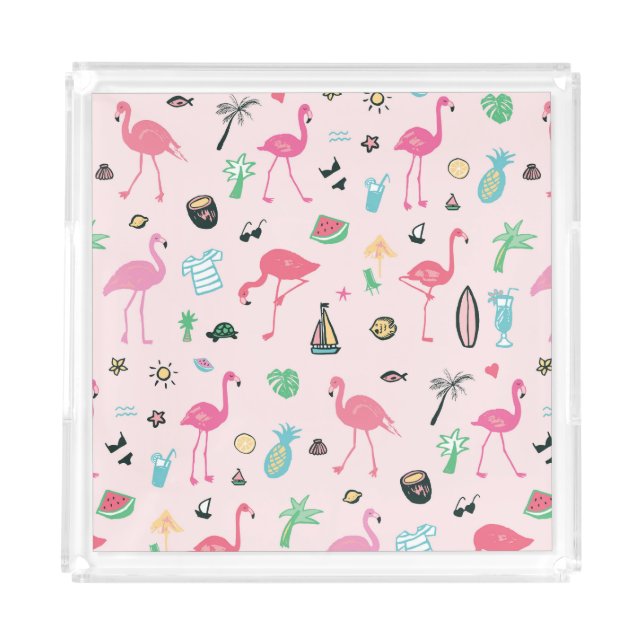Flamingo Summer: Vibrant Bird Pattern Acrylic Tray (Front)