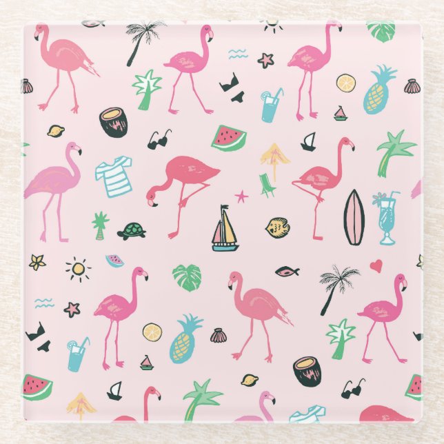Flamingo Summer: Vibrant Bird Pattern Glass Coaster (Front)