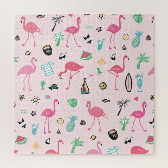 Flamingo Summer: Vibrant Bird Pattern Jigsaw Puzzle (Vertical)