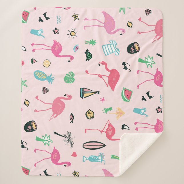 Flamingo Summer: Vibrant Bird Pattern Sherpa Blanket (Front)