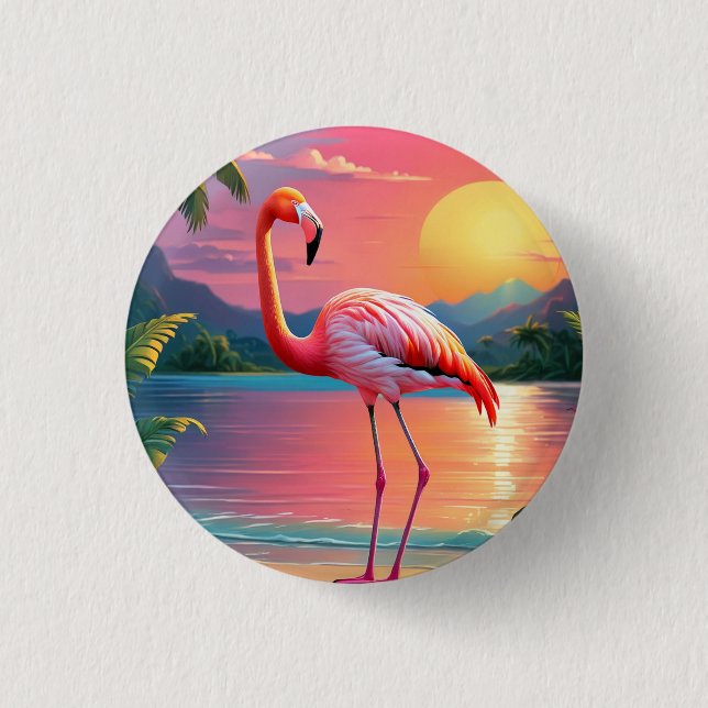Flamingo Sunset Tropical Beach  Button (Front)