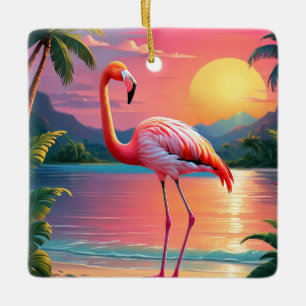 Flamingo Sunset Tropical Beach Ceramic Ornament