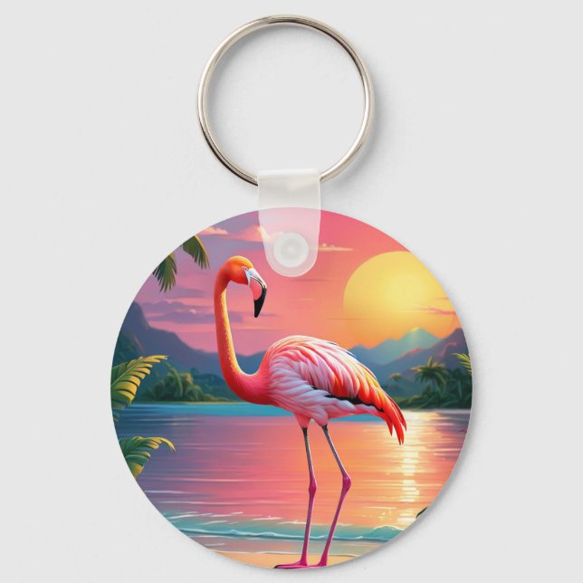 Flamingo Sunset Tropical Beach  Keychain (Front)