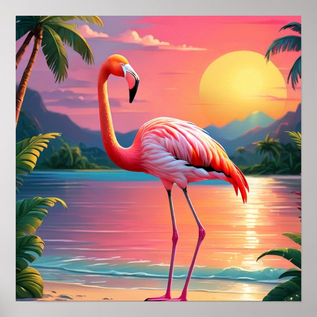 Flamingo Sunset Tropical Beach  Poster (Front)