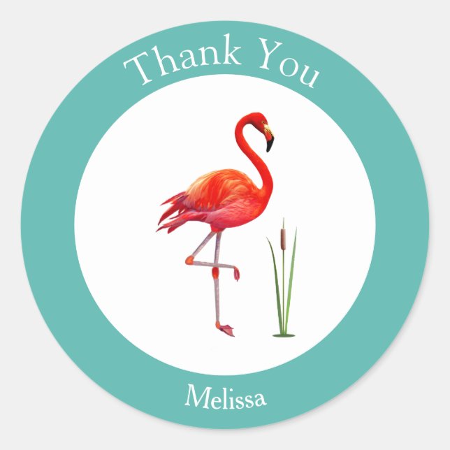 Flamingo Thank You on Light Blue & White Classic Round Sticker (Front)