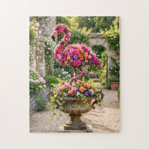 Flamingo Topiary Planter Urn and Tropical Flowers Jigsaw Puzzle