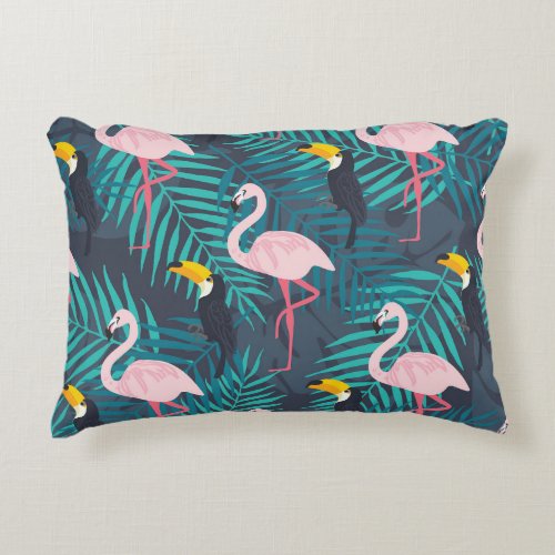 Flamingo toucan tropical leaf pattern accent pillow