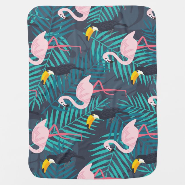Flamingo, toucan: tropical leaf pattern baby blanket (Front)
