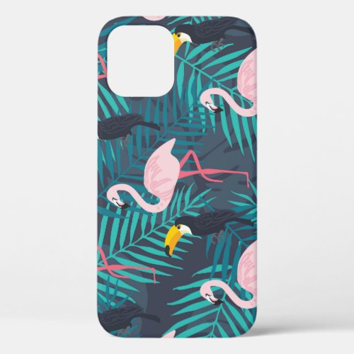 Flamingo toucan tropical leaf pattern iPhone 12 case