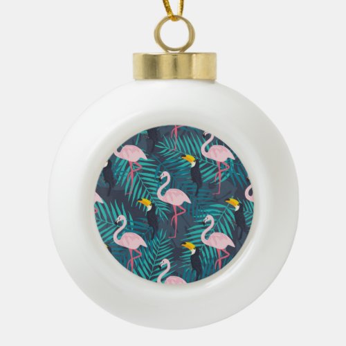 Flamingo toucan tropical leaf pattern ceramic ball christmas ornament
