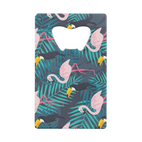 Flamingo toucan tropical leaf pattern credit card bottle opener