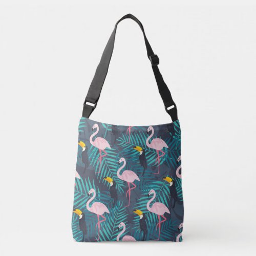 Flamingo toucan tropical leaf pattern crossbody bag