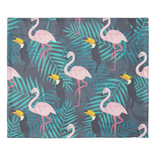 Flamingo toucan tropical leaf pattern duvet cover
