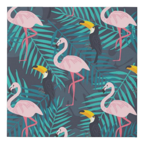 Flamingo toucan tropical leaf pattern faux canvas print