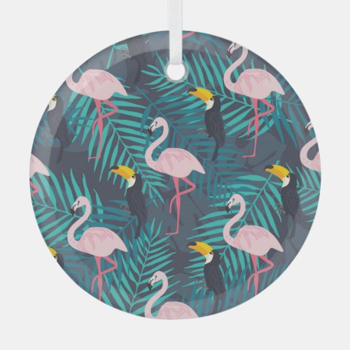 Flamingo toucan tropical leaf pattern glass ornament