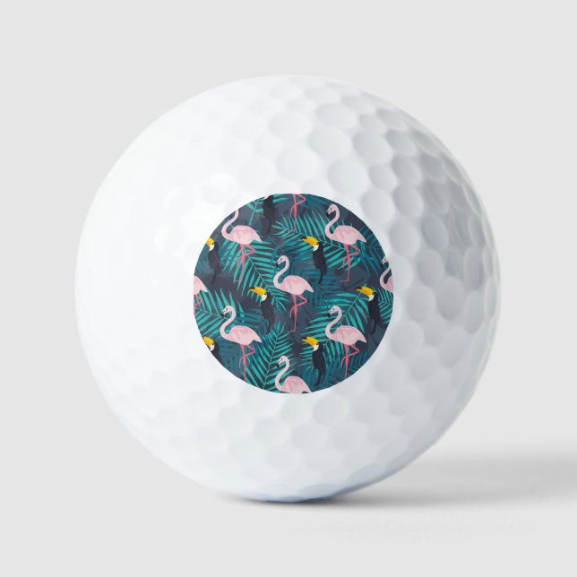 Flamingo, toucan: tropical leaf pattern golf balls (Front)