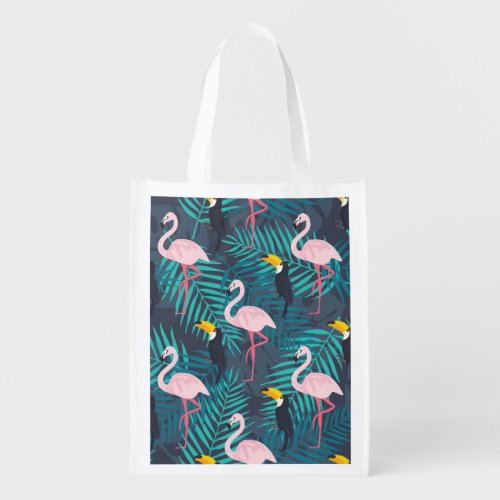 Flamingo toucan tropical leaf pattern grocery bag