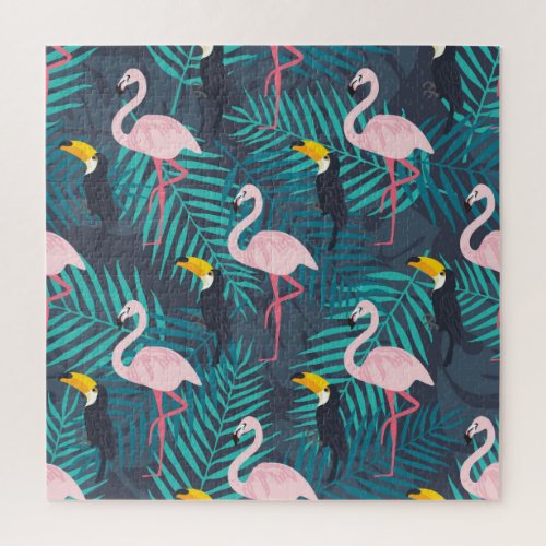 Flamingo toucan tropical leaf pattern jigsaw puzzle