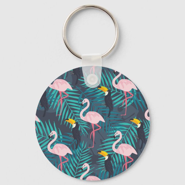 Flamingo, toucan: tropical leaf pattern keychain (Front)