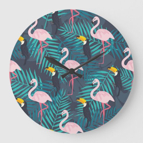 Flamingo toucan tropical leaf pattern large clock