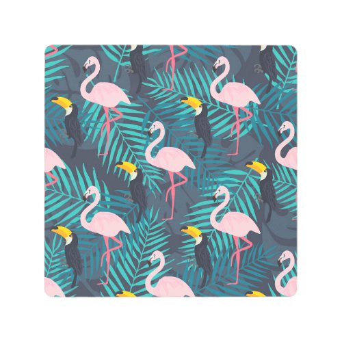 Flamingo toucan tropical leaf pattern metal print