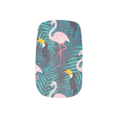 Flamingo toucan tropical leaf pattern minx nail art