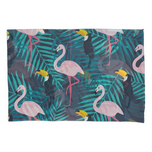 Flamingo toucan tropical leaf pattern pillow case