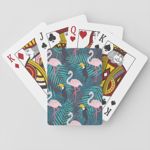 Flamingo toucan tropical leaf pattern playing cards