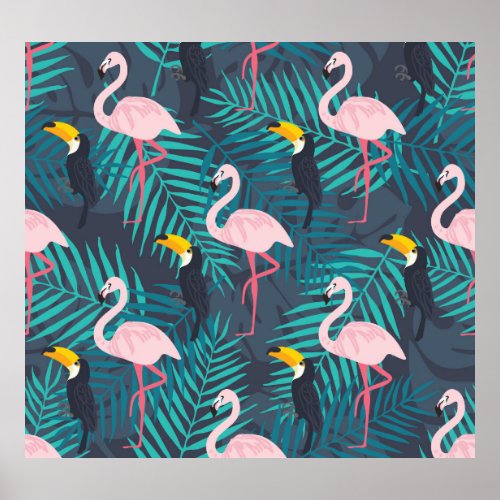 Flamingo toucan tropical leaf pattern poster