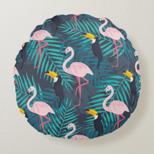 Flamingo toucan tropical leaf pattern round pillow