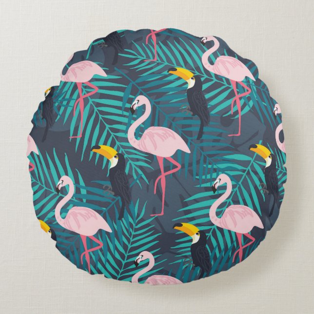 Flamingo, toucan: tropical leaf pattern round pillow (Front)