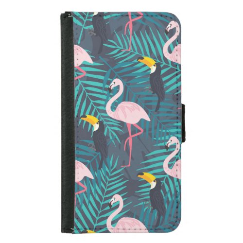 Flamingo toucan tropical leaf pattern samsung galaxy s5 wallet case