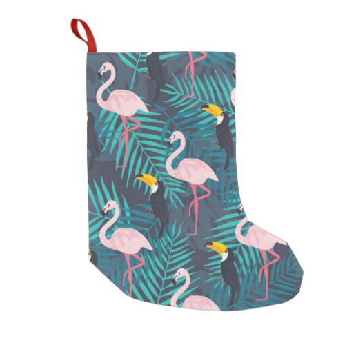 Flamingo toucan tropical leaf pattern small christmas stocking