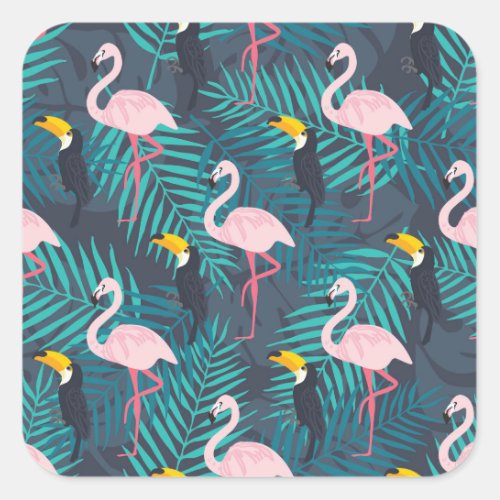 Flamingo toucan tropical leaf pattern square sticker