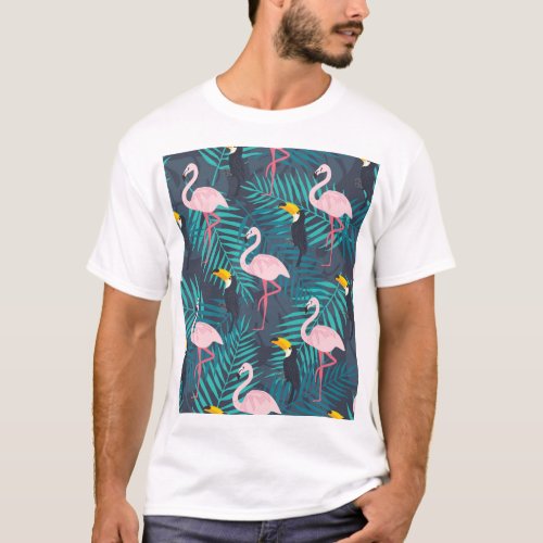 Flamingo toucan tropical leaf pattern T_Shirt