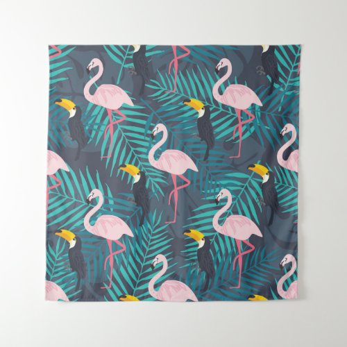 Flamingo toucan tropical leaf pattern tapestry