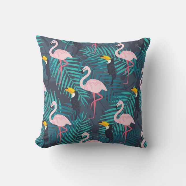 Flamingo, toucan: tropical leaf pattern throw pillow (Front)