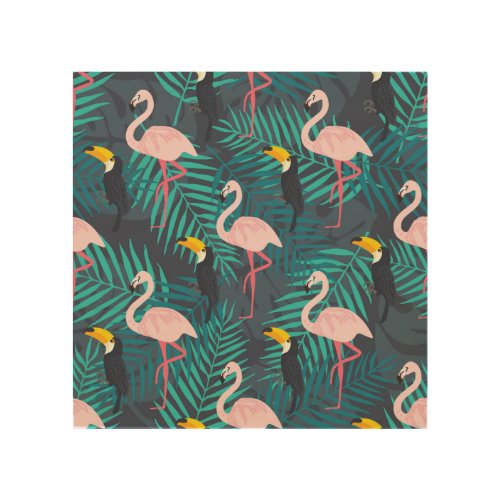 Flamingo toucan tropical leaf pattern wood wall art
