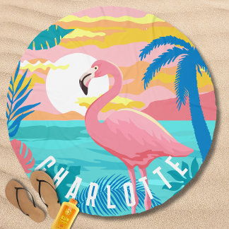 Flamingo Troical Beach Sunset Personalized Name Beach Towel