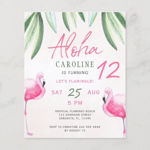 Flamingo tropical Aloha kids budget birthday party Flyer