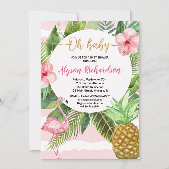 Flamingo tropical baby shower girl, hawaiian luau invitation (Front)