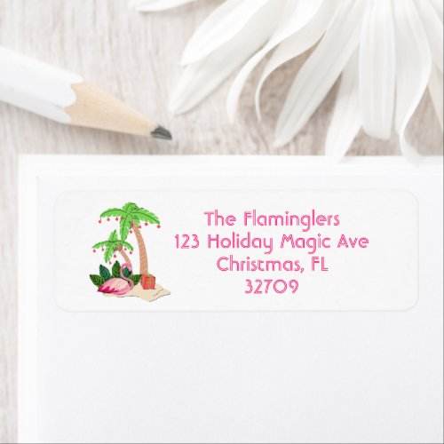 Flamingo Tropical Beach Palm Tree Christmas Label