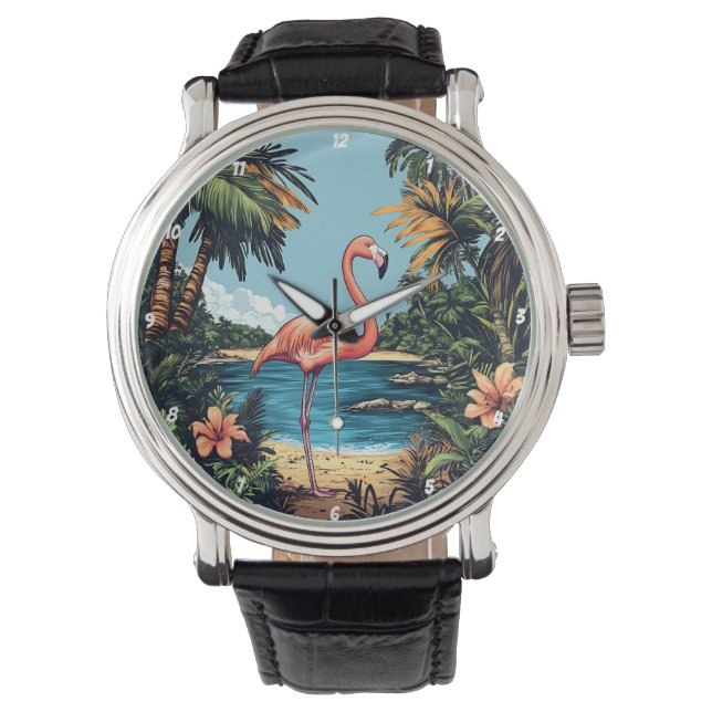 Flamingo Tropical Beach Wall Art Watch (Front)